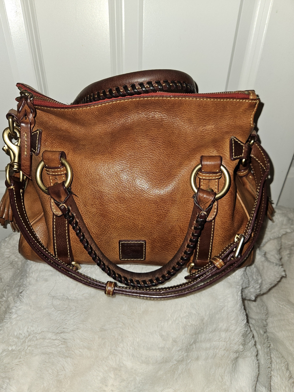 Leather DB Satchel Shoulder Bag in Cognac Brown - Classic Women's Tote Small